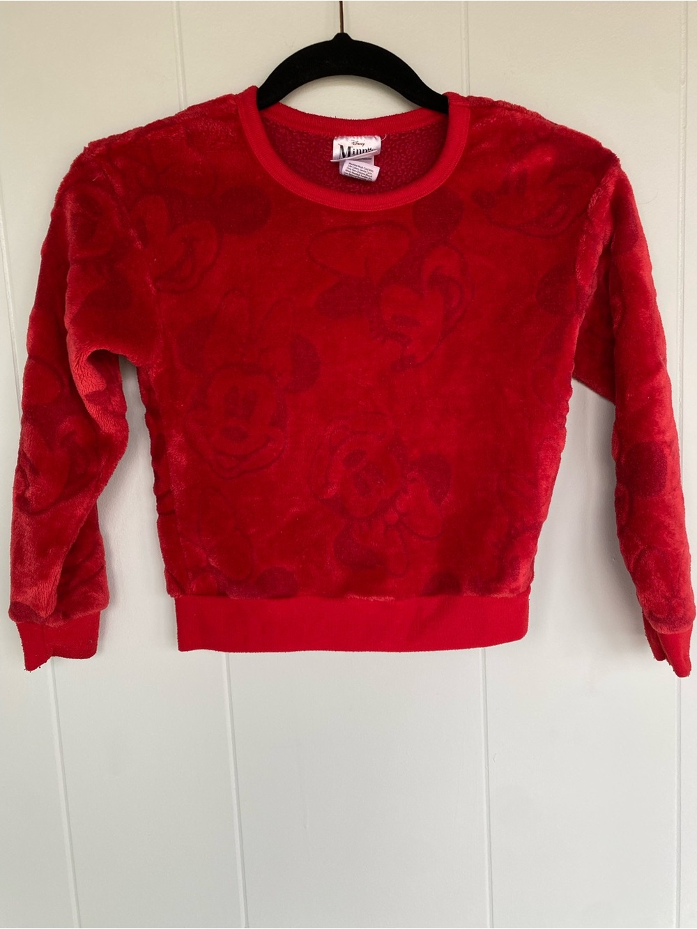 Disney Red Plush Crew Sweatshirt with Subtle Mickey Pattern